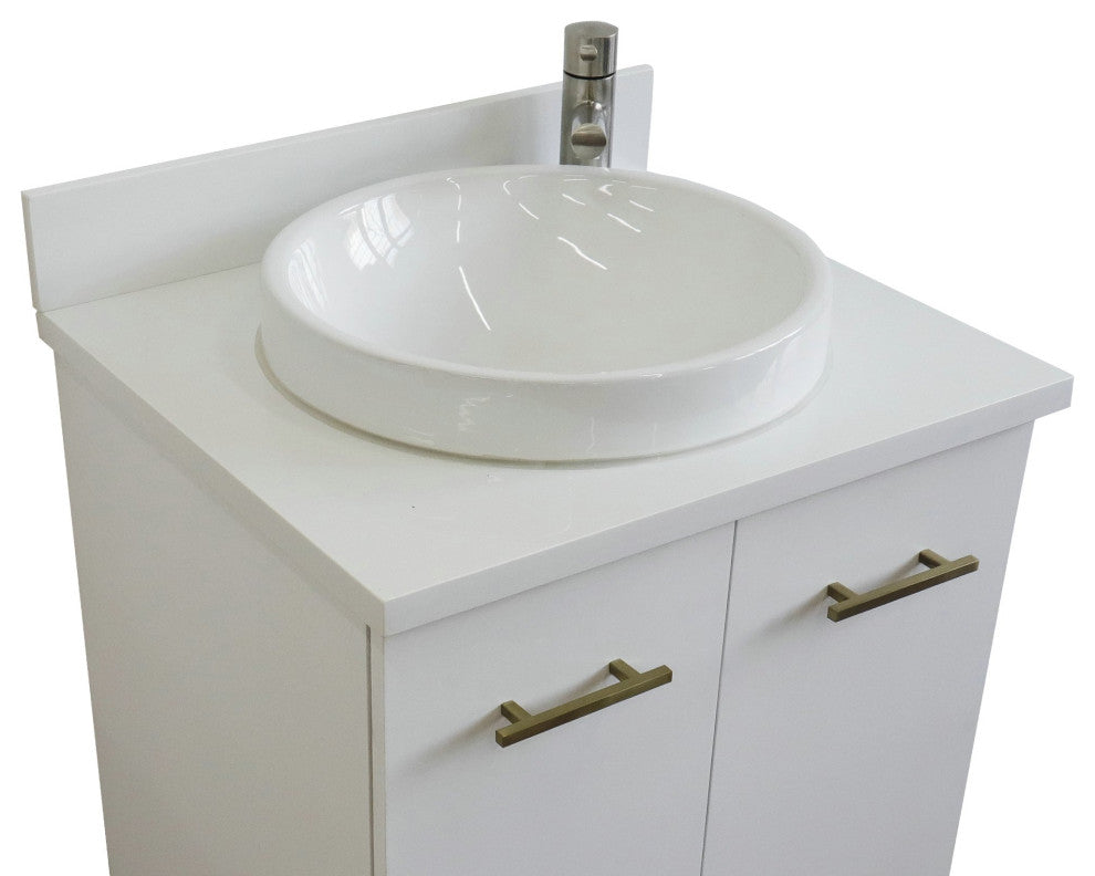 25" Single Sink Vanity, White Finish With Engineered Stone Top And Round Sink