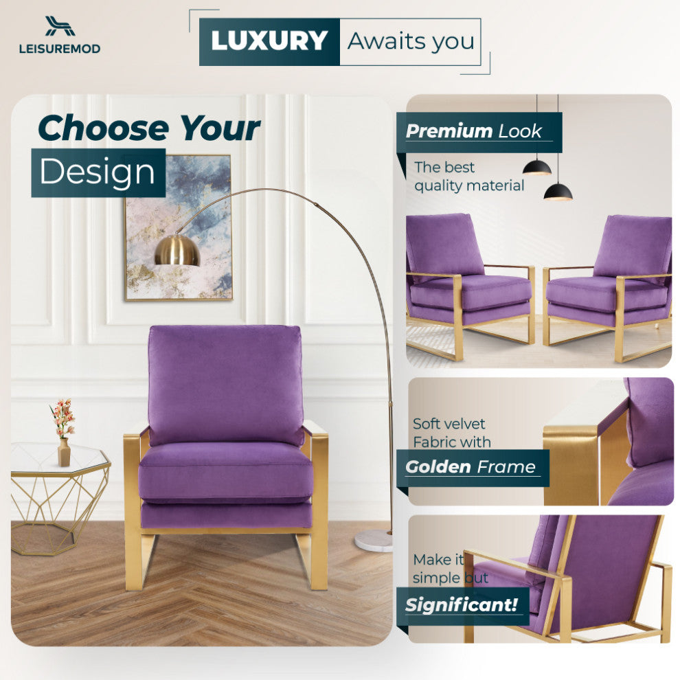 LeisureMod Jefferson Velvet Accent Armchair With Gold Frame, Purple
