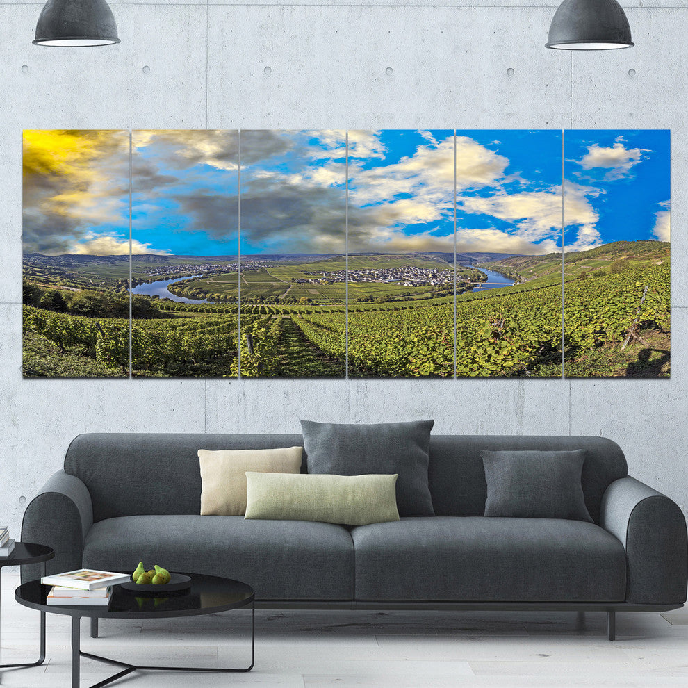 Moselle River Loop in Trittenheim, Landscape Canvas Art Print, 70"x28", 6 Panels