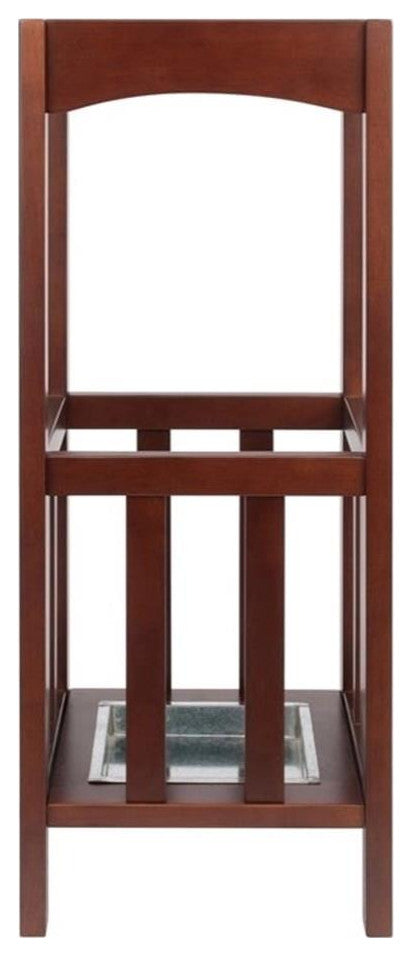Pemberly Row Transitional Solid Wood Umbrella Stand with Tray in Walnut