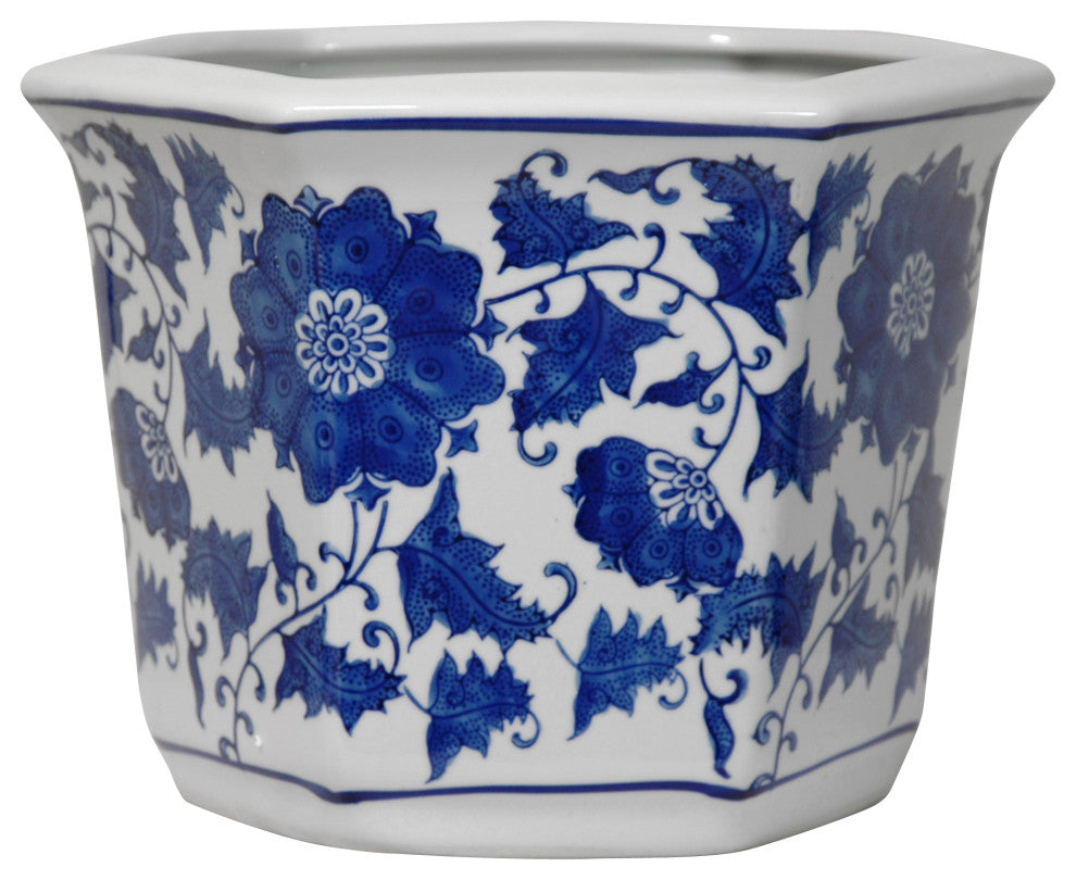 10" Floral Blue and White Porcelain Flower Pot