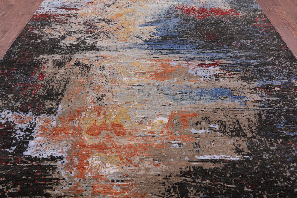 9' 1" X 12' 1" Wool and Silk Abstract Hand-Knotted Rug Q8868