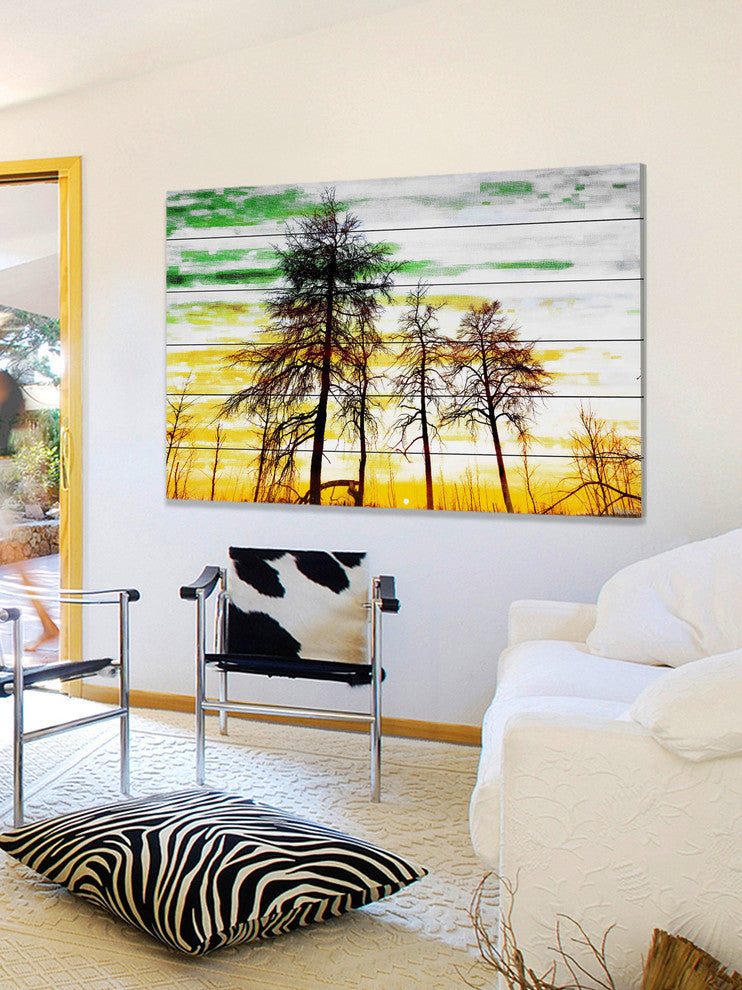 "Green and Gold Sky" Print on White Wood, 36"x24"