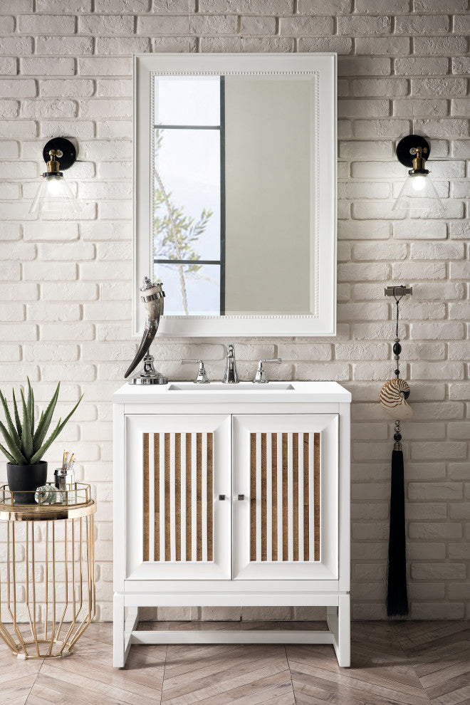 James Martin E645-V30-GW-3WZ Single Vanity Cabinet Glossy White w/ Quartz Top