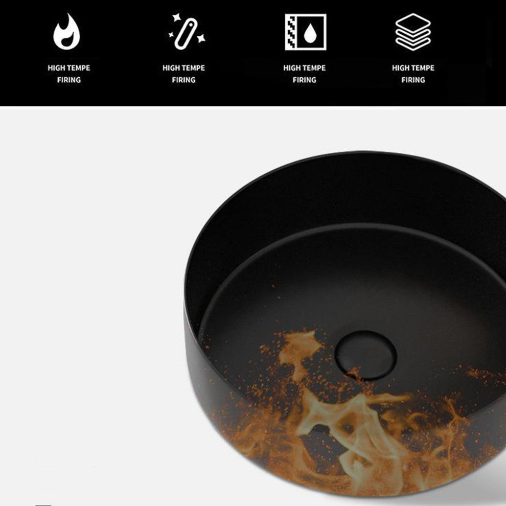 15.7 in Round Bathroom Ceramic Vessel Sink, Matt Black