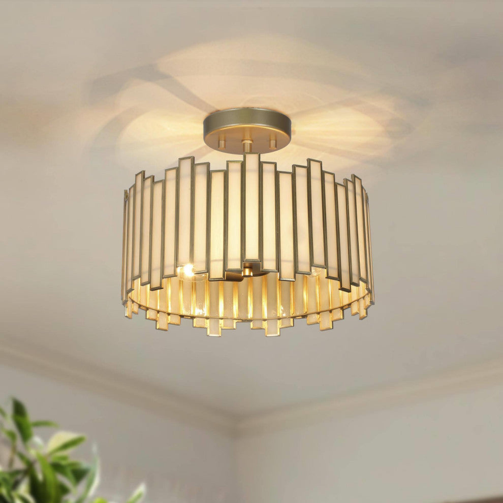 LNC 3-Light Tiffany Glass LED Semi-Flush Mount Light, Matte Gold