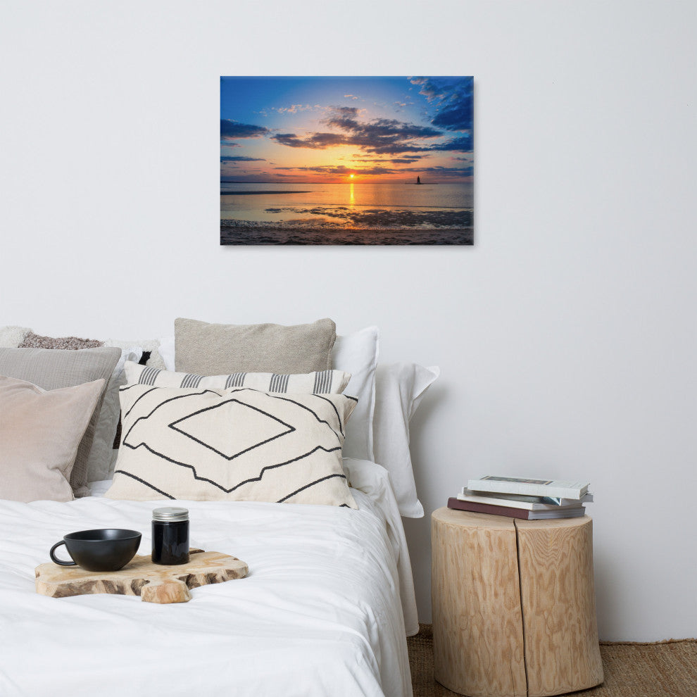 Sunset at Breakwater Lighthouse Coastal Landscape Photo Canvas Print, 24" X 36"