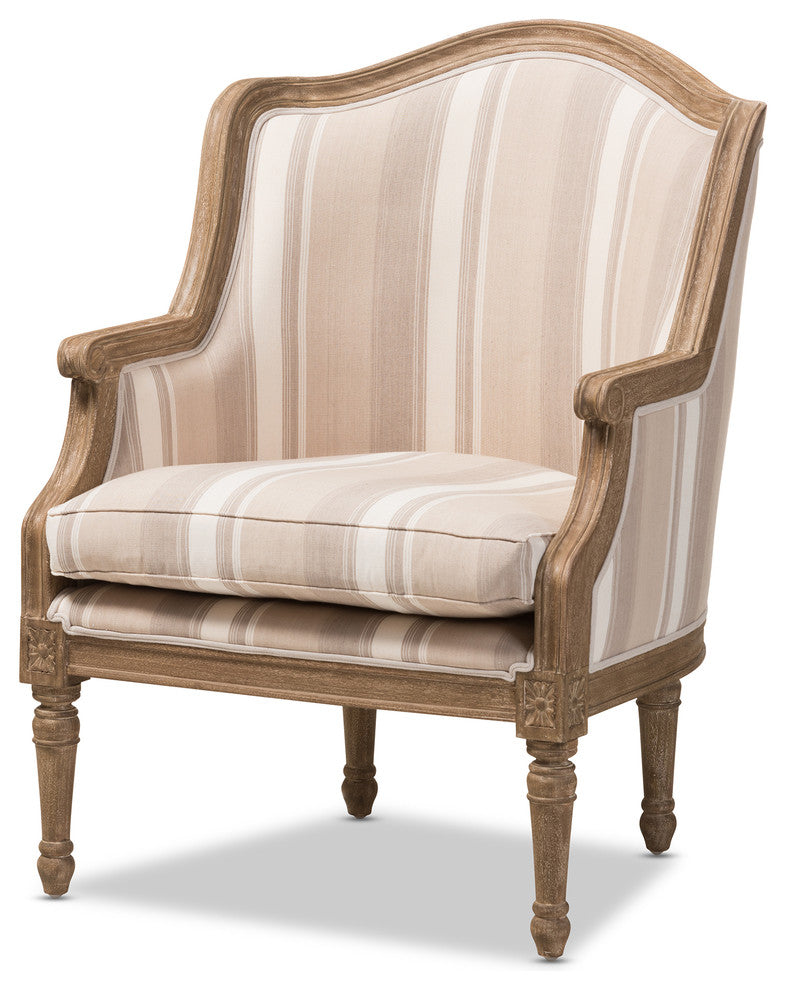 Charlemagne Traditional French Accent Chair, Oak, Brown Stripe