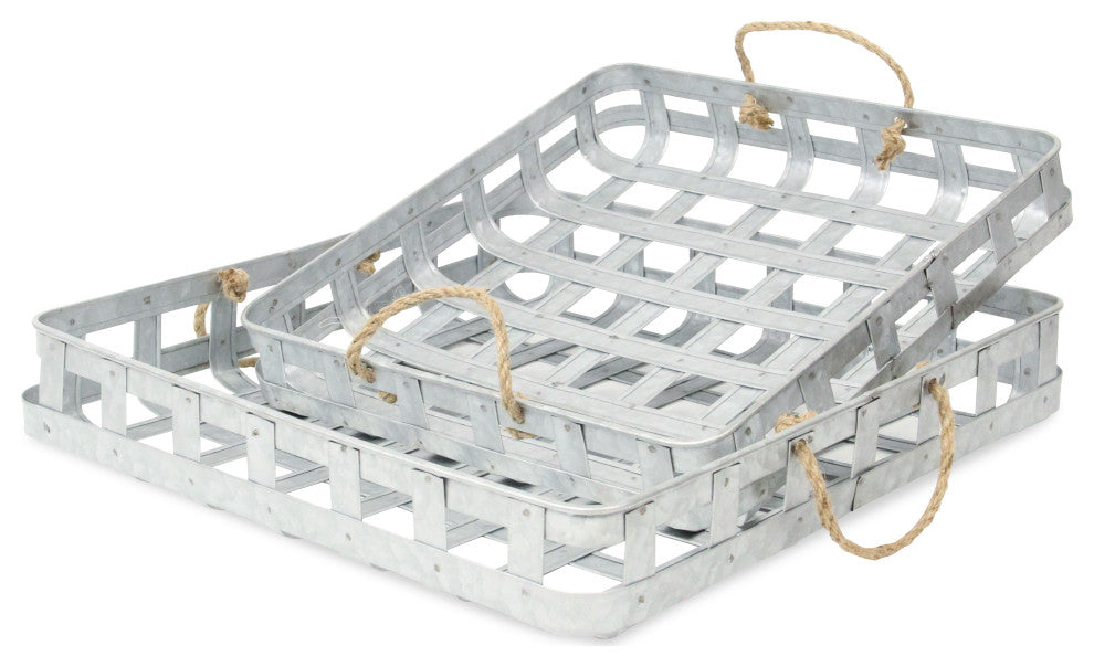 Set of 2 Galvanized Metal Tray With Rope Handles