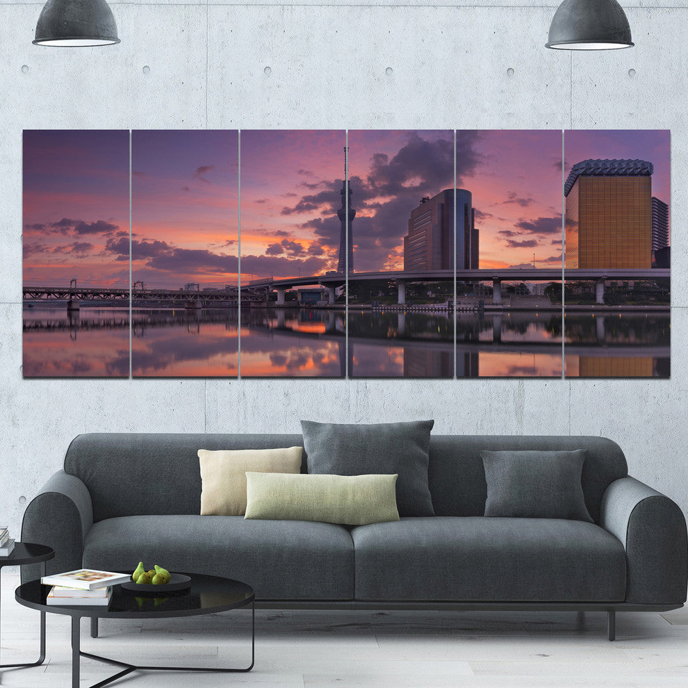 Tokyo Sky Tree and Sumida River, Landscape Canvas Art Print, 70"x28", 6 Panels