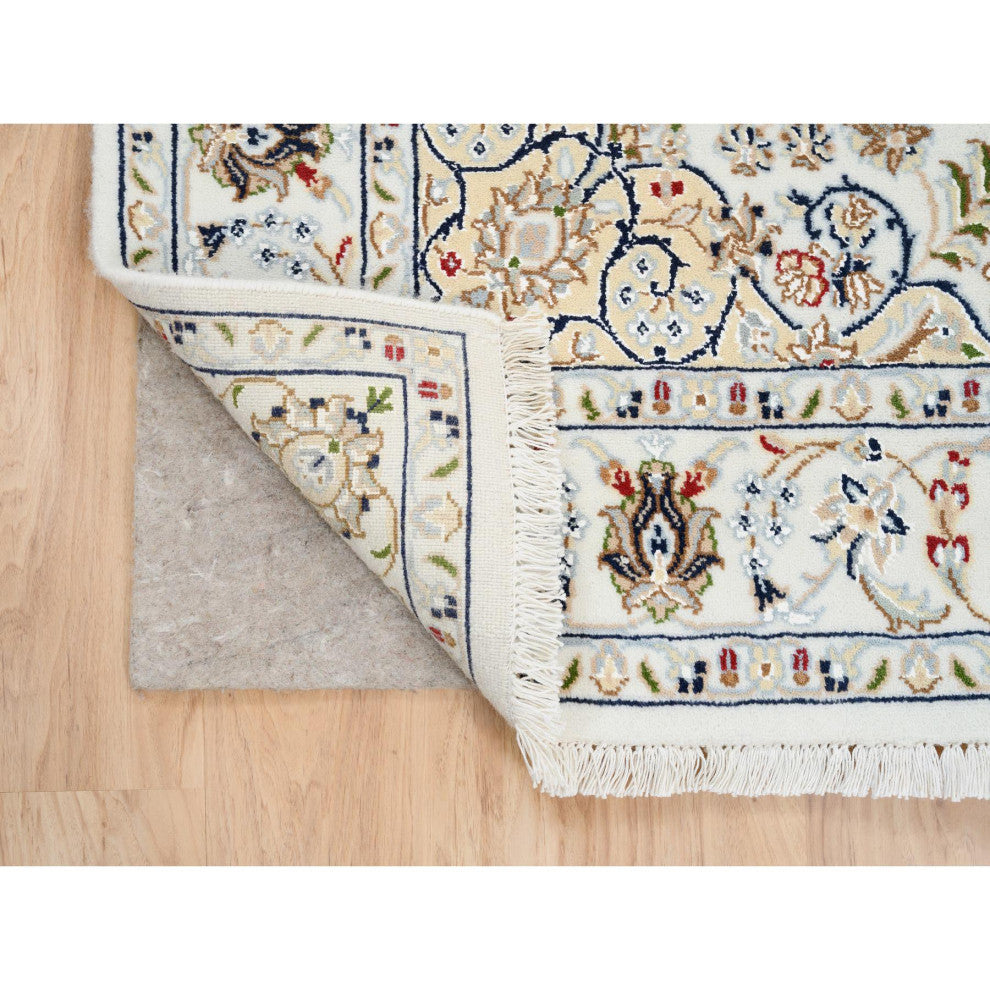 Ivory, Nain, 250 KPSI Wool and Silk Hand Knotted Wide Runner Rug, 4'2" x 10'1"