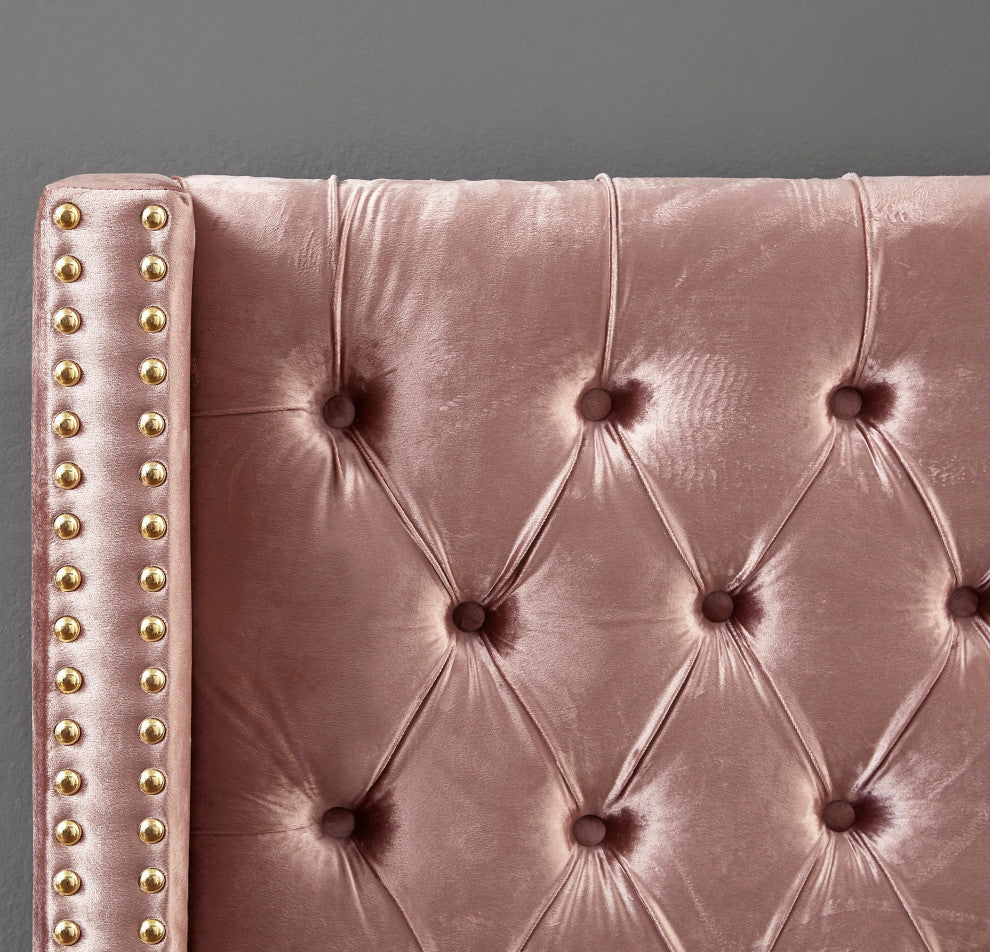 Barolo Velvet Upholstered Bed, Pink, Queen