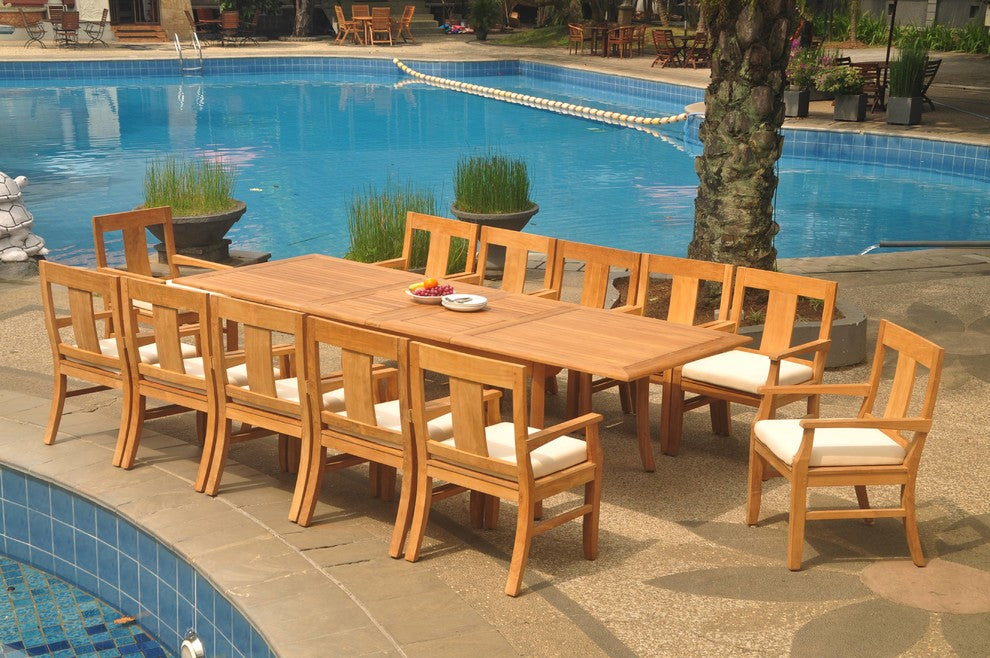 13-Piece Outdoor Teak Dining Set, 117" Extn Rectangle Table, 12 Osbo Arm Chairs