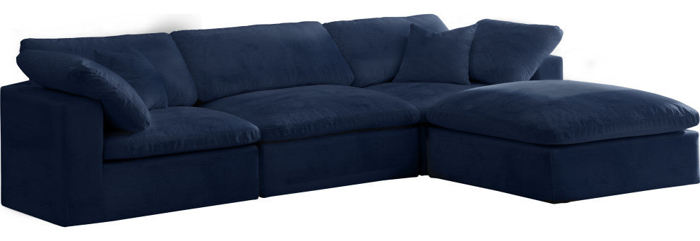 Cozy Velvet Upholstered Comfort L-Shaped Modular Sectional, Navy, 4-Piece: 1 Armless Chair, 2 Corner Chair, 1 Ottoman