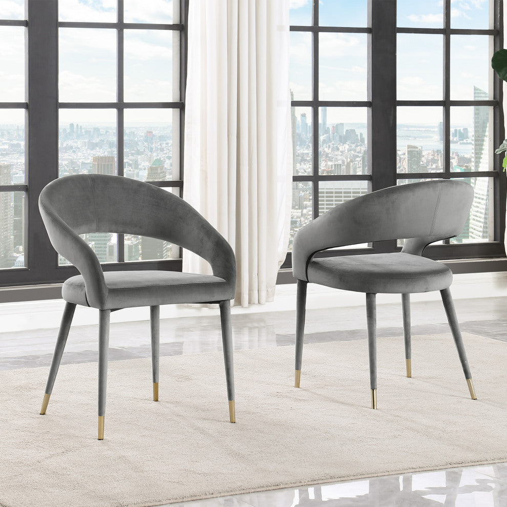 Joel Velvet Contemporary Dining Chair With Gold Accents, Set of 2, Grey
