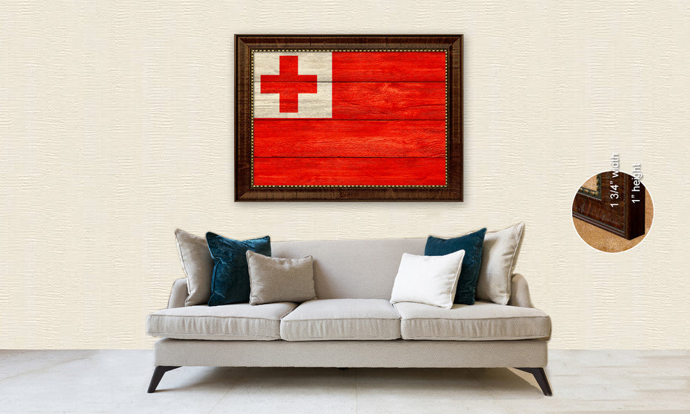 Tonga Country Textured Flag Print With Brown Gold Frame, 19"X27"