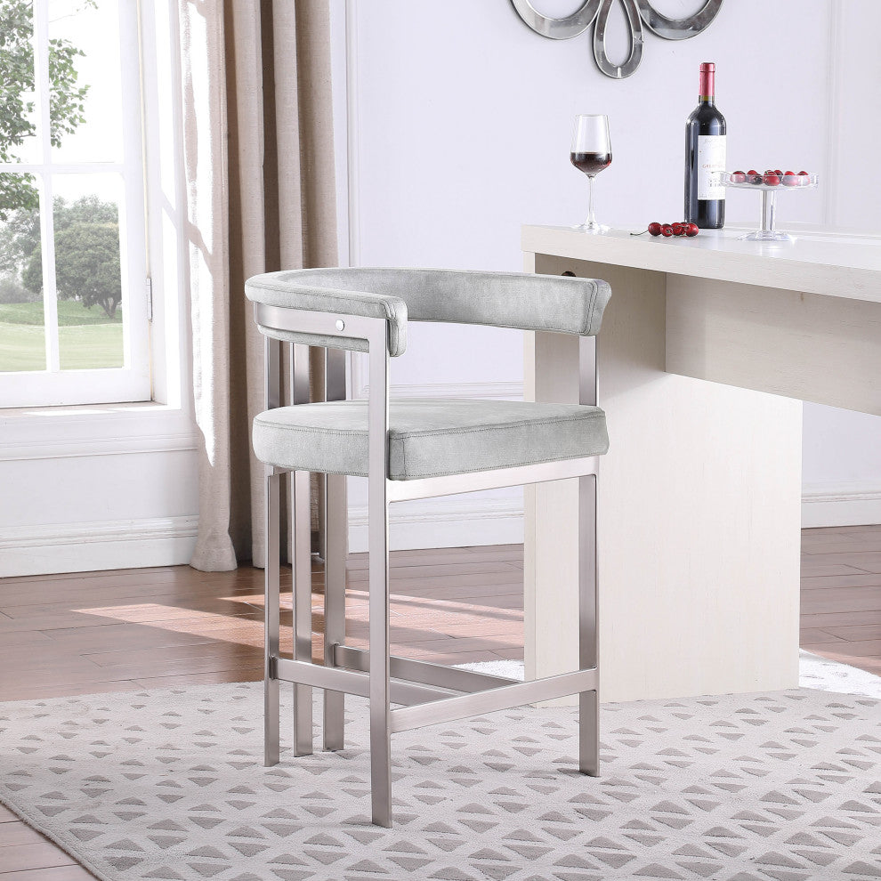 Marcello Upholstered Counter Stool, Grey, Velvet, Brushed Chrome
