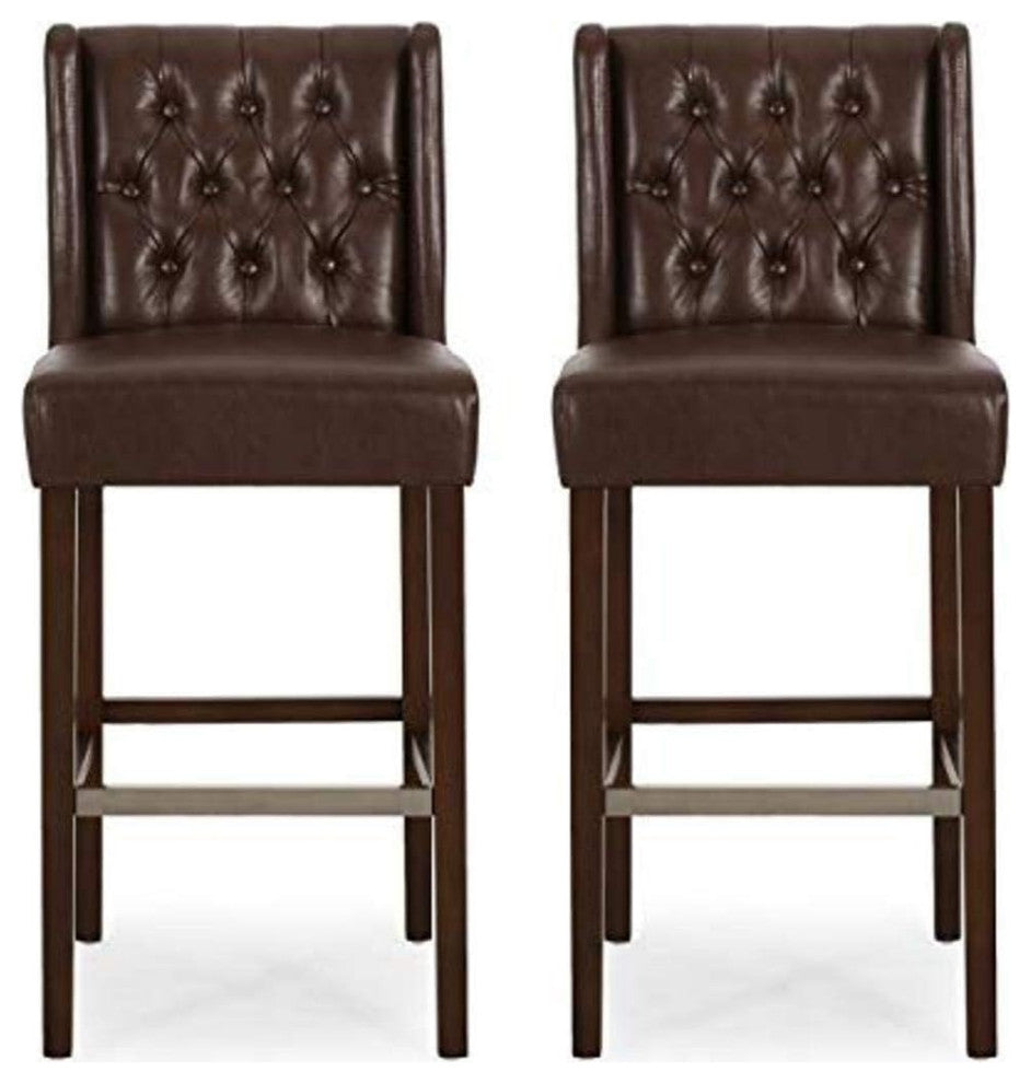 Set of 2 Contemporary Wingback Barstools with Diamond Button Tufting, Dark Brown