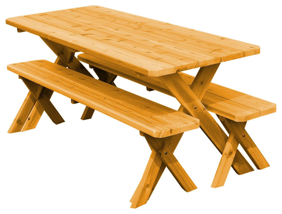 Cedar Cross-Leg Table with 2 Benches, Natural Stain, 8 Foot