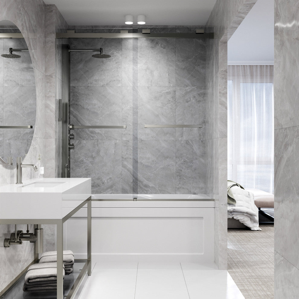VIGO Houston Frameless Sliding, V-Motion, Stainless Steel, Tub Door, 56" to 60" W X 66" H, Clear Glass
