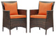 Side Dining Chair Armchair, Set of 2, Rattan, Wicker, Brown Orange, Outdoor
