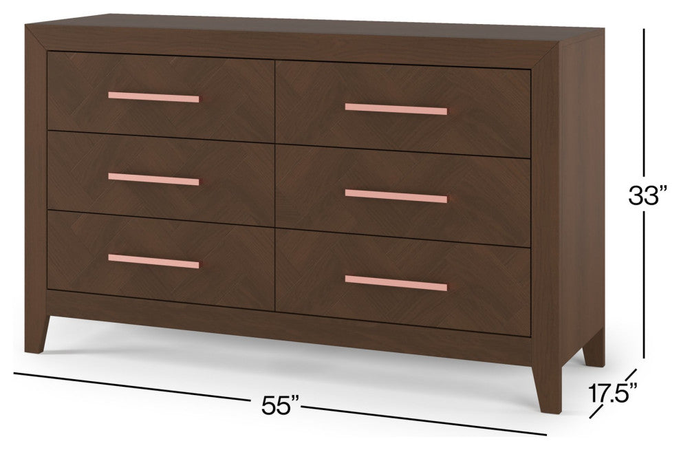 Modern Double Dresser, 6 Drawers With Soft Herringbone Pattern, Toasted Chestnut