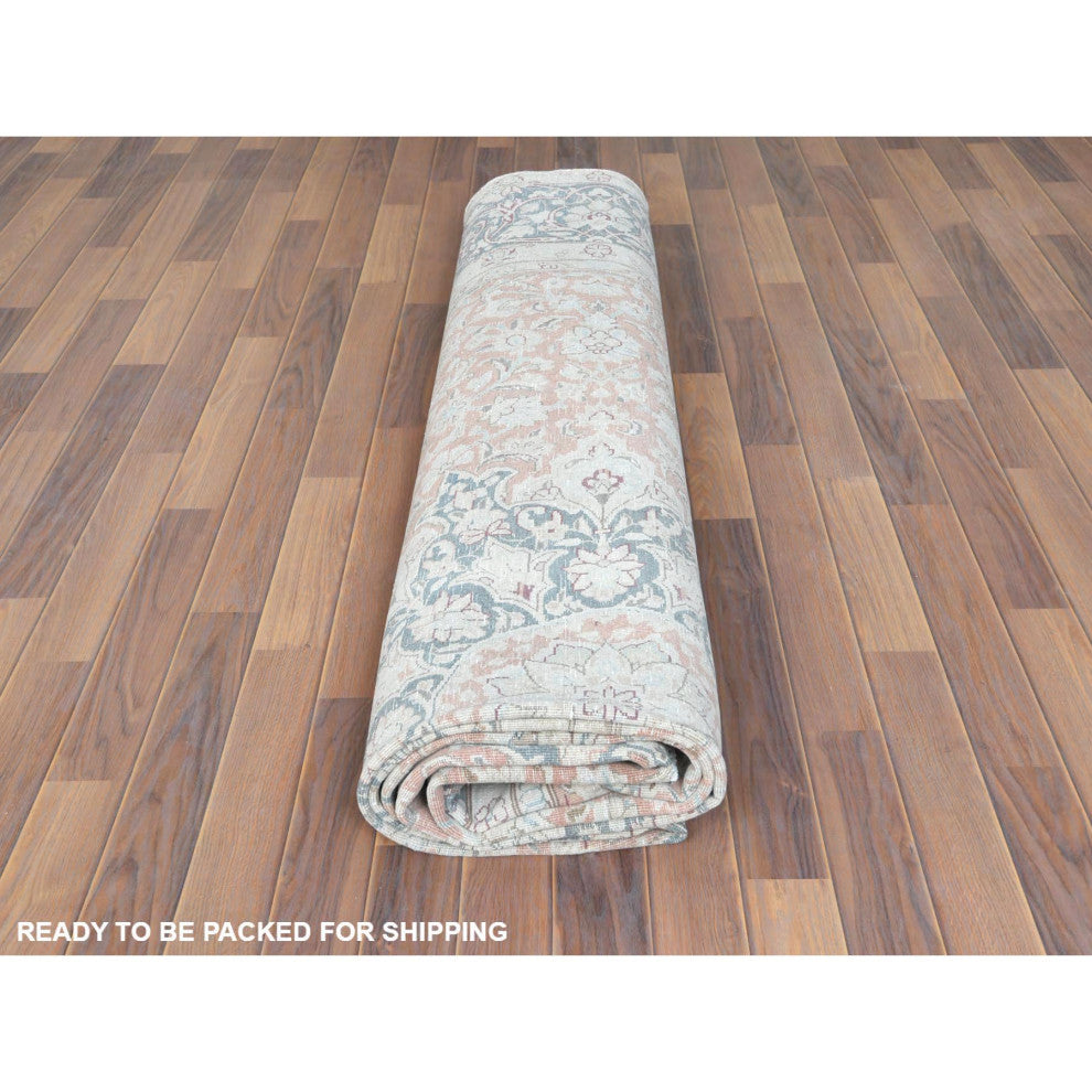 Worn Wool, Hand Knotted, Ivory, Vintage Persian Kerman, Oriental Rug 9'8"x12'10"