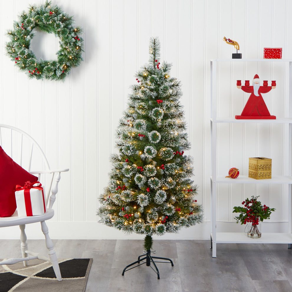 5' Frosted Swiss Pine Faux Christmas Tree With 200 Clear LED Lights and Berries