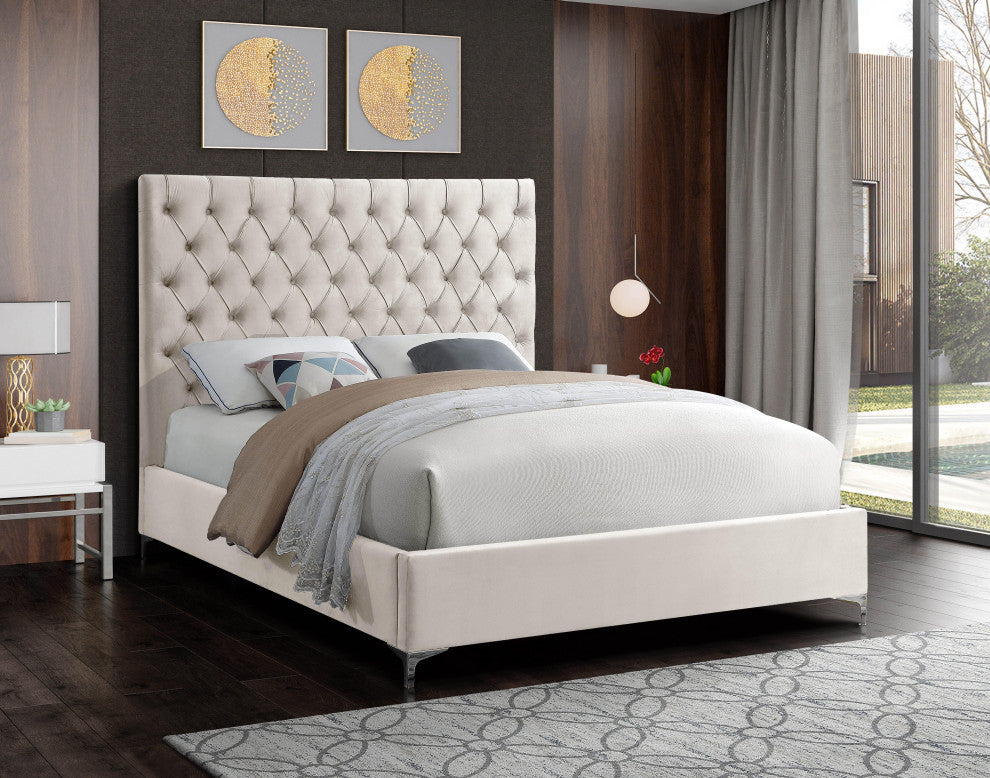 Cruz Velvet Upholstered Bed, Cream, Queen