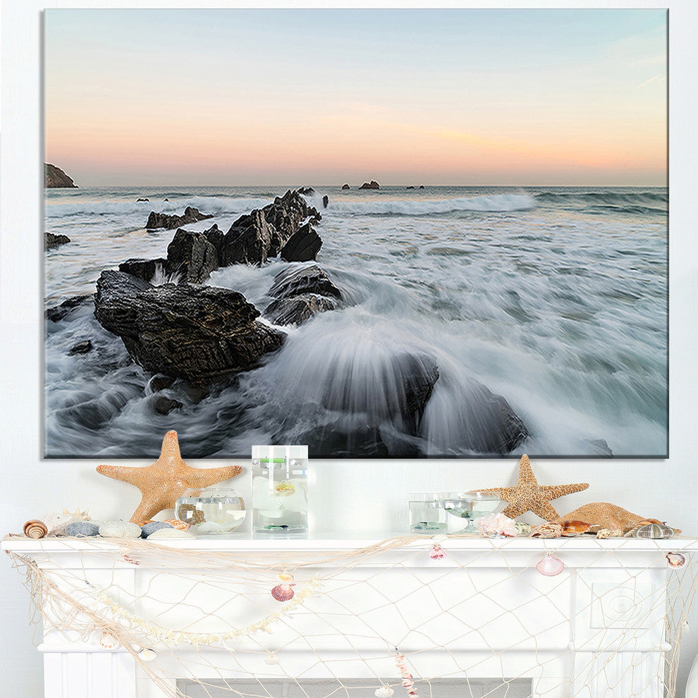 "Bay of Biscay White Waves Hitting Beach" Seascape Wall Art, 1 Panel, 60"x28"