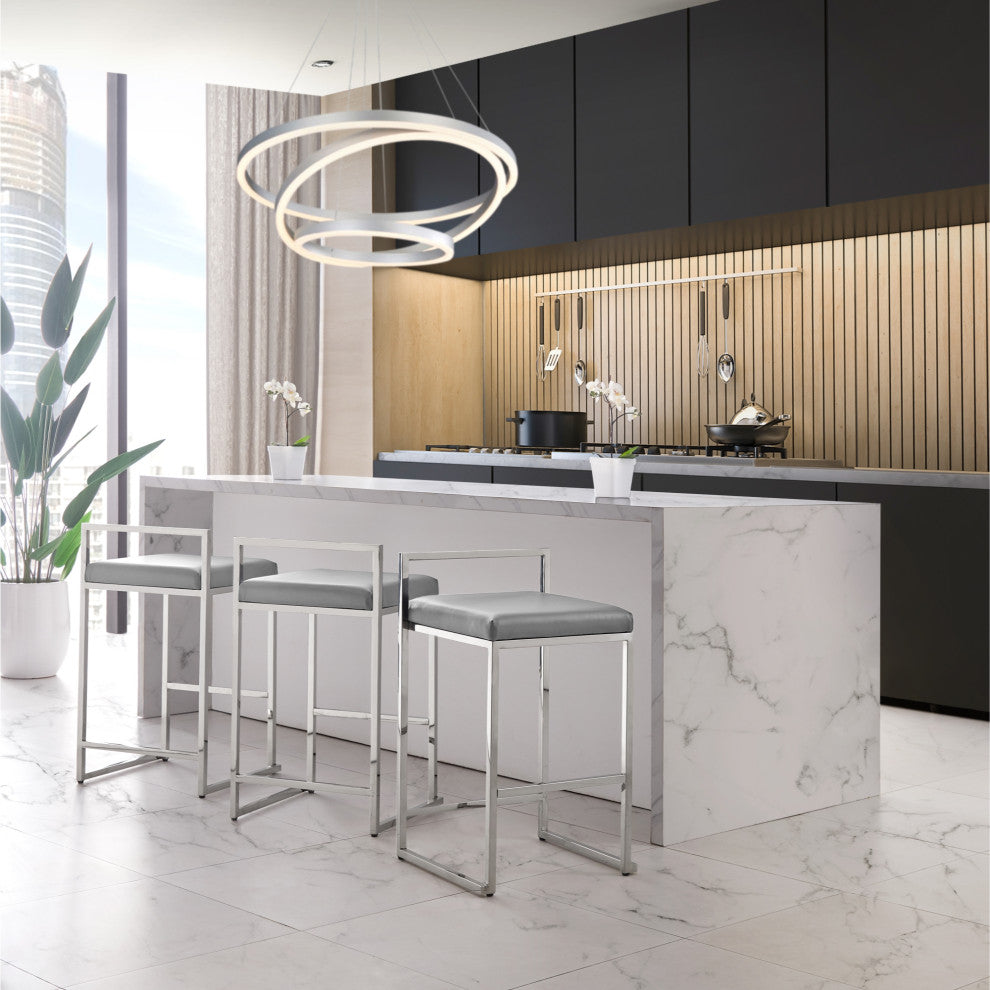 Inspired Home Dereck Bar Stool Geometric Frame, Gray and Chrome Leather PU