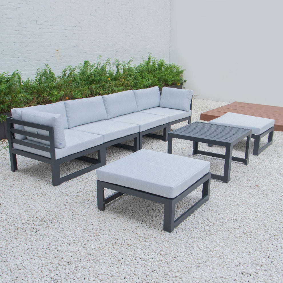 LeisureMod Chelsea 7-Piece Patio Ottoman Sectional With Coffee Table, Light Gray