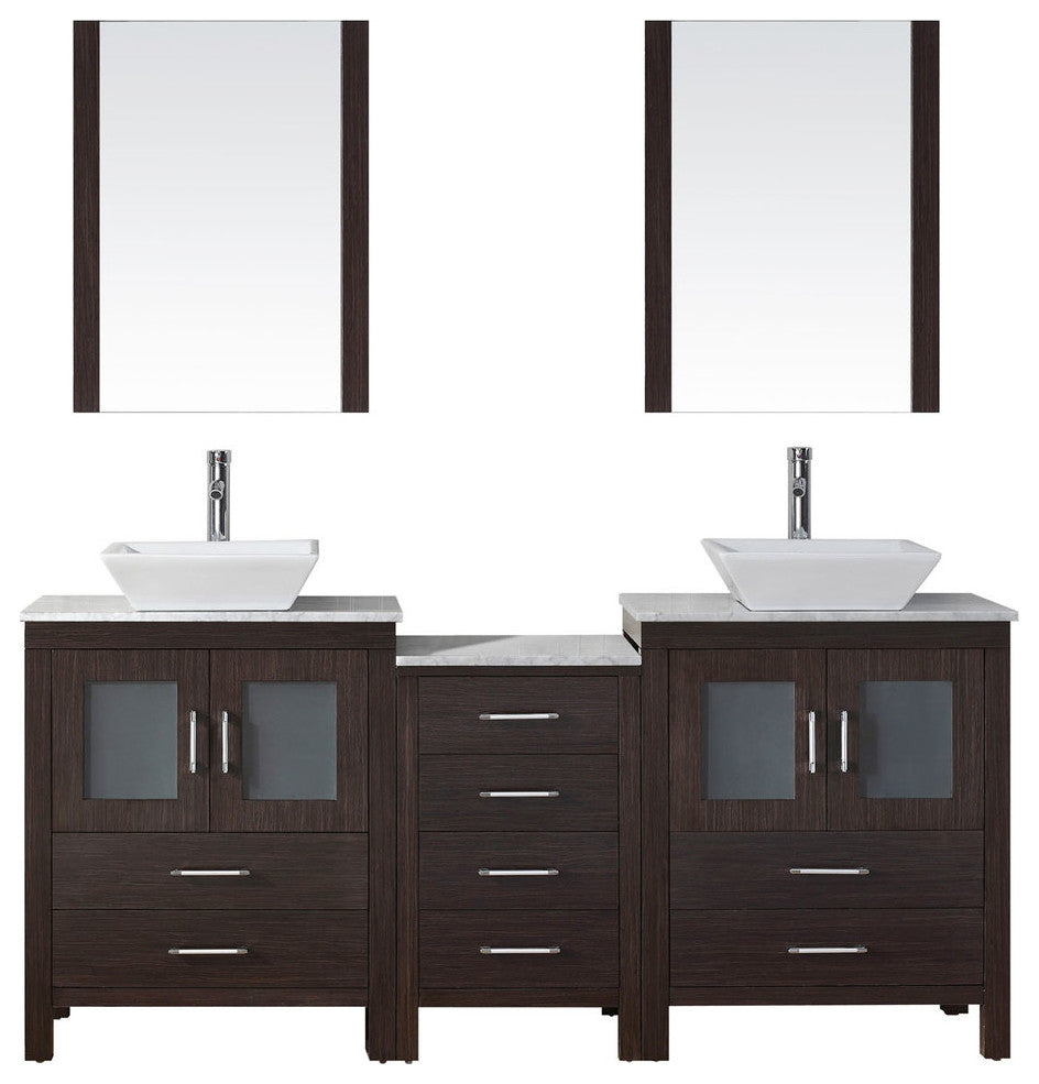 Virtu Dior 74" Double Bathroom Vanity, Espresso With Faucet and Mirrors