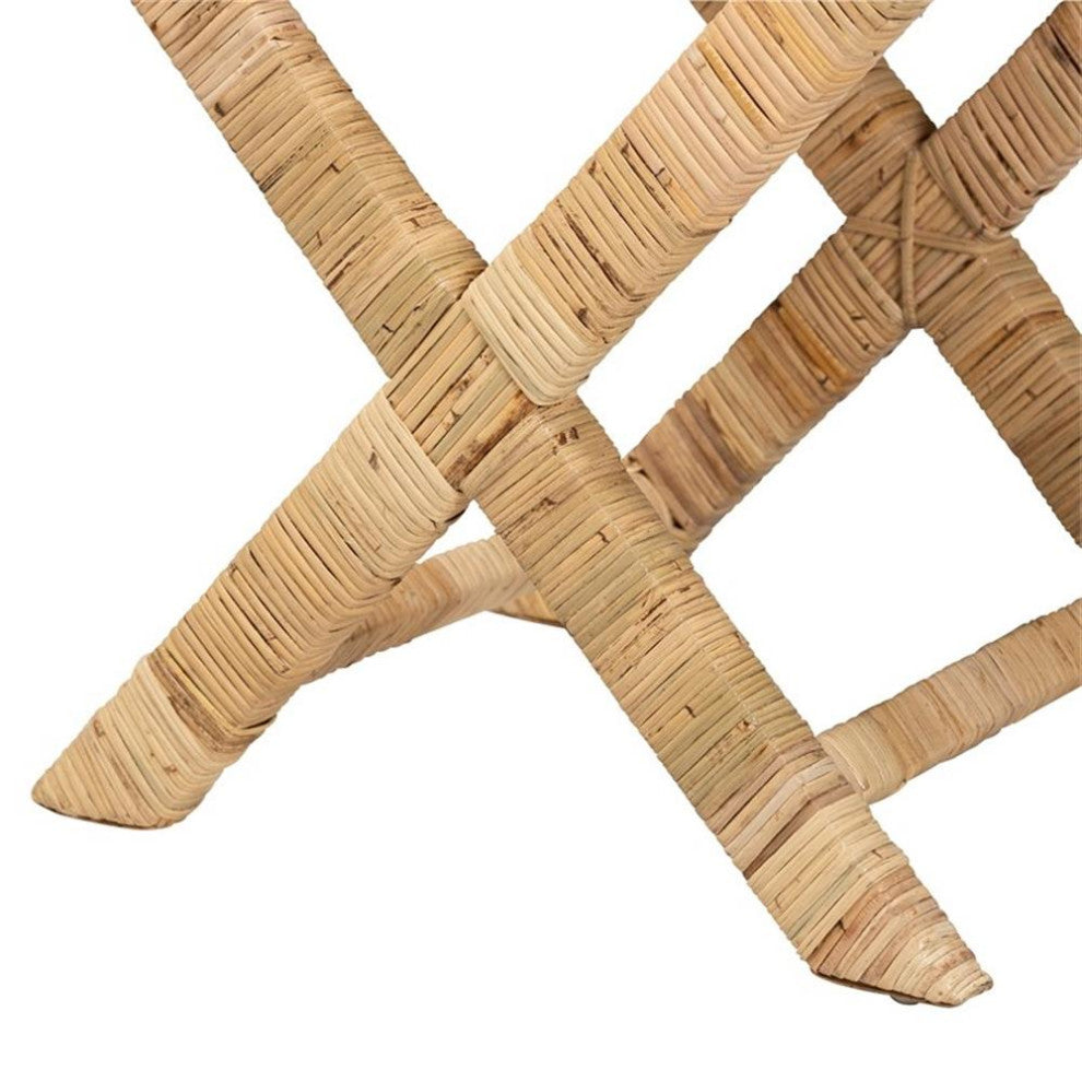 Farica Modern Bohemian Natural Rattan And Mahogany Accent Bench