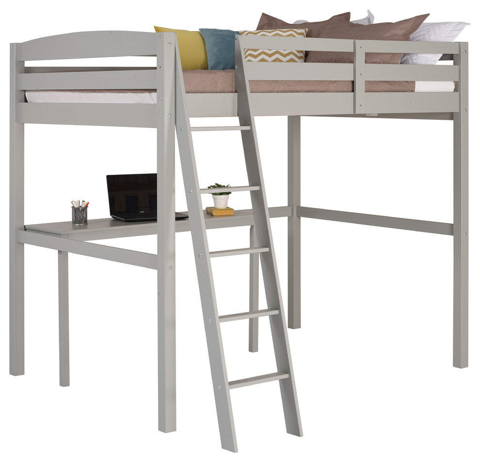 Concord Full Size High Loft Bed, Gray, With Desk