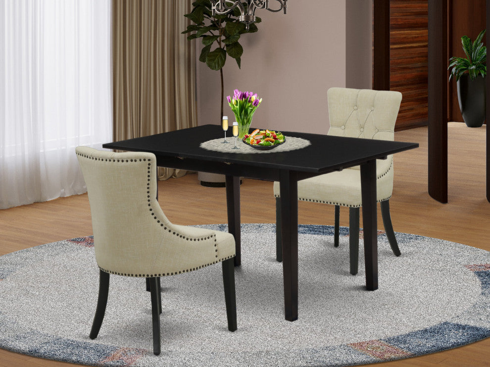3Pc Wood Dining Set, 2 Chairs, Butterfly Leaf Rectangle Table, Black