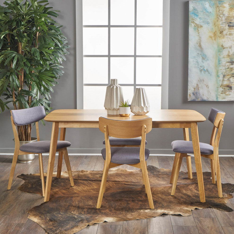 GDF Studio 5-Piece Antonio Mid Century Natural Oak Finished Dining Set, Dark Gray