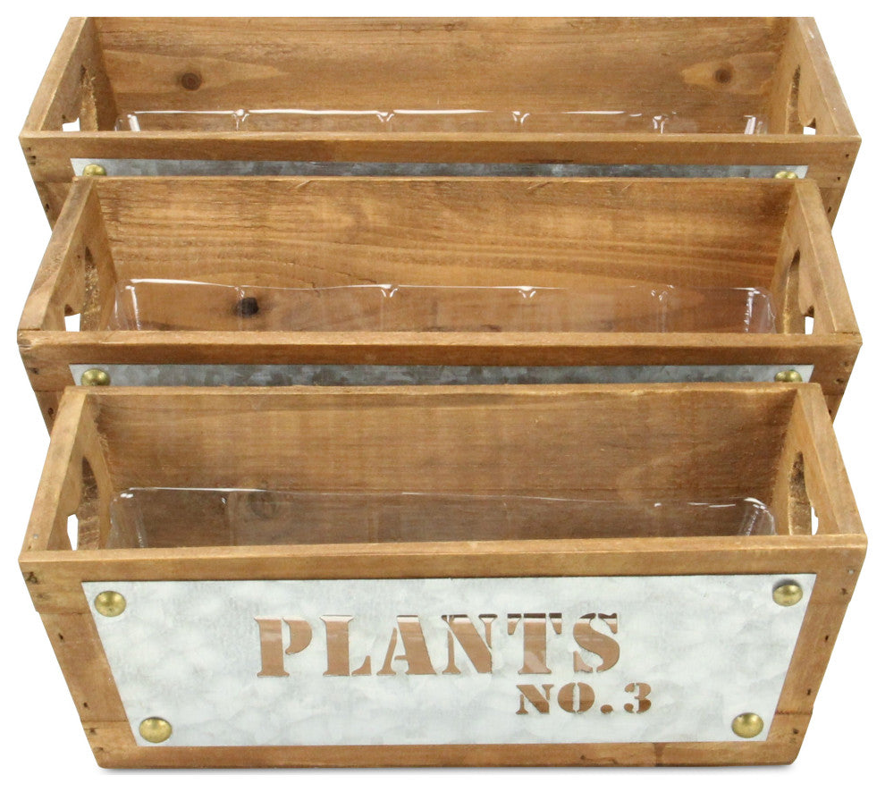 Set Of 3 Tapered Wood Storage With Galvanized Cutout Accent