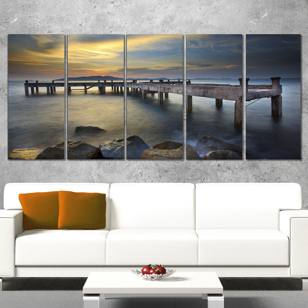 "Old Wood Boat Jetty Into Blue Sea" Sea Bridge Wall Artwork, 5 Panels, 60"x28"