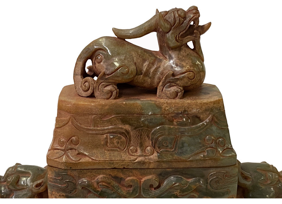 Chinese Stone Carved Tan Green Rectangular Pixiu Incense Burner Display Hws3150