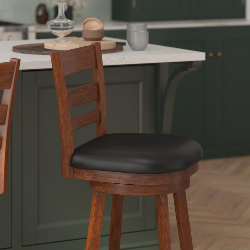 Zerrick Ladderback Swivel Counter Height Barstool with Padded Seat, Black Vinyl/Antique Oak Frame