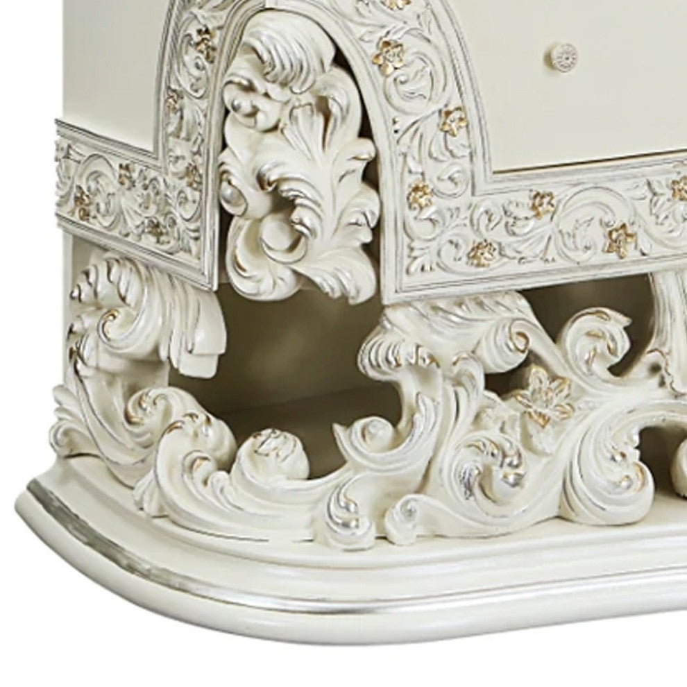 Benzara BM275673 Classic Ornate Carved Tall Dresser Chest, 4 Drawer, Wood, White
