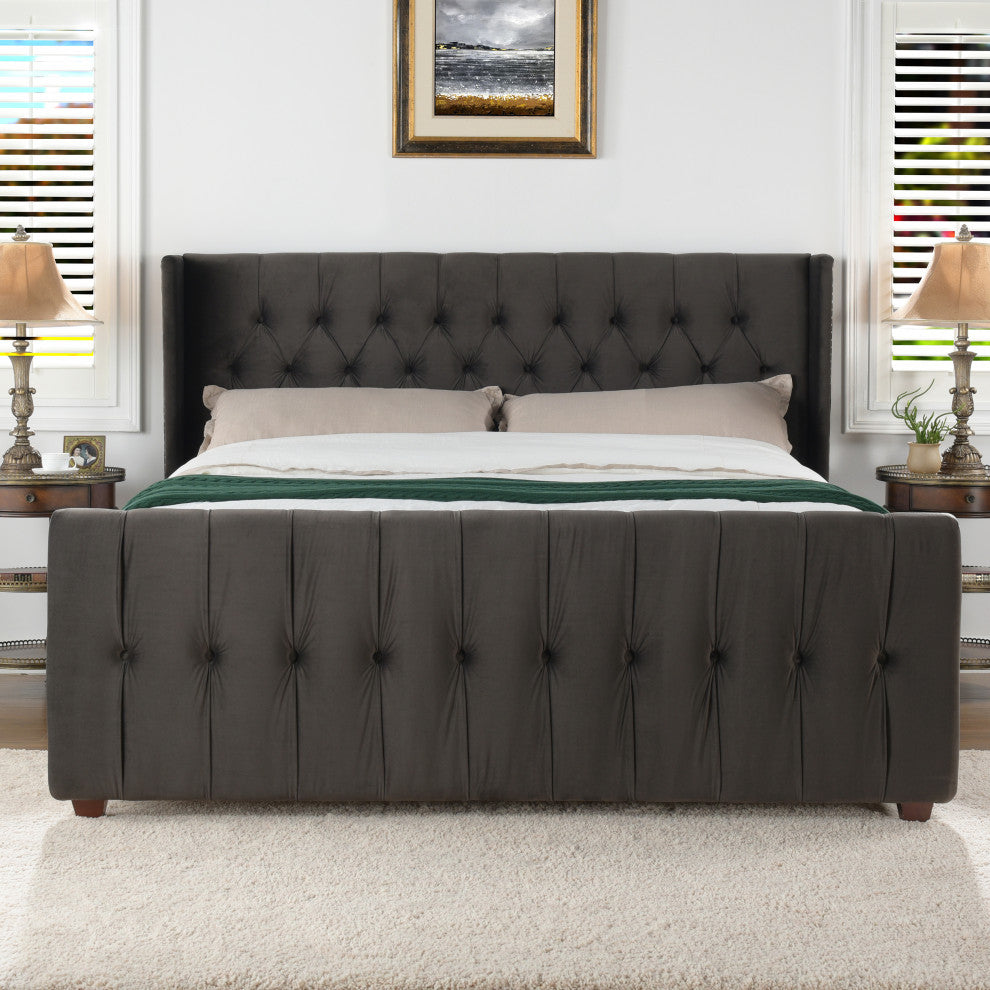 David Tufted Wingback Upholstered Bed, Dark Charcoal Gray Velvet, King