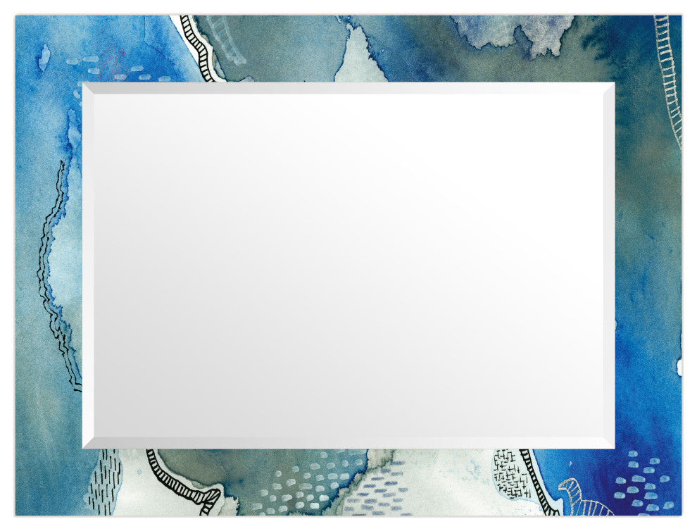 "Subtle Blues" Beveled Mirror on Printed Abstarct Tempered Art Glass, 40x30"