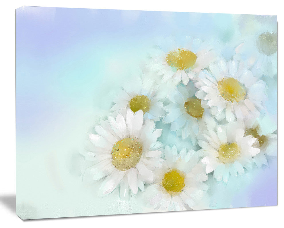 White Gerbera Flowers on Light Blue, Large Floral Canvas Artwork, 60"x28"