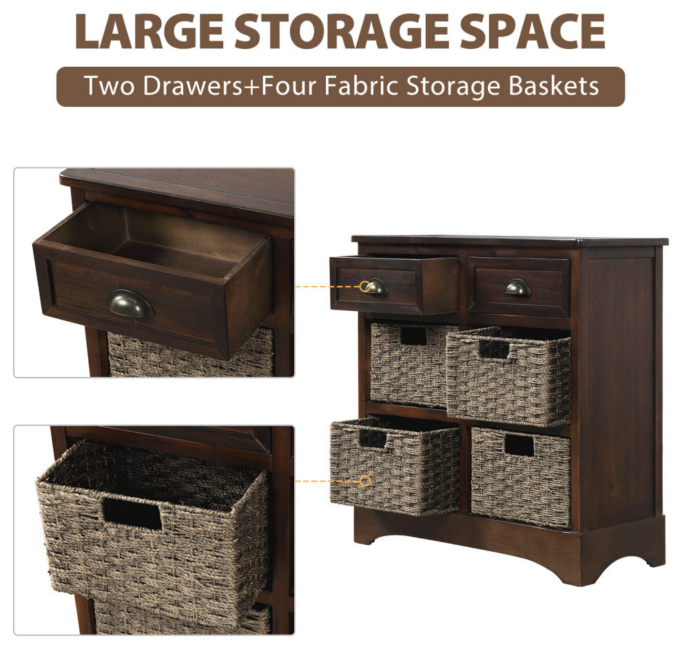 28" Wood 2 Drawers Storage Cabinet with 4 Rattan Basket, Espresso, 28" Tall