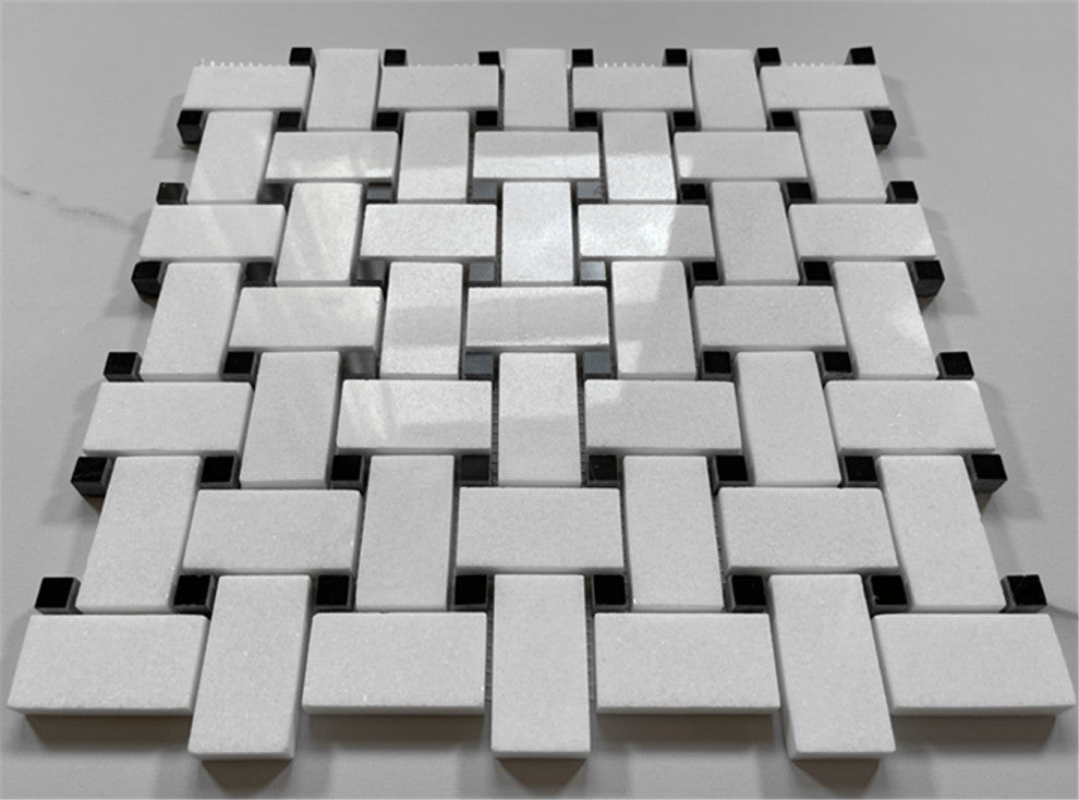 Thassos White Marble Basketweave Mosaic Vintage Bathroom Tile Polished, 1 sheet