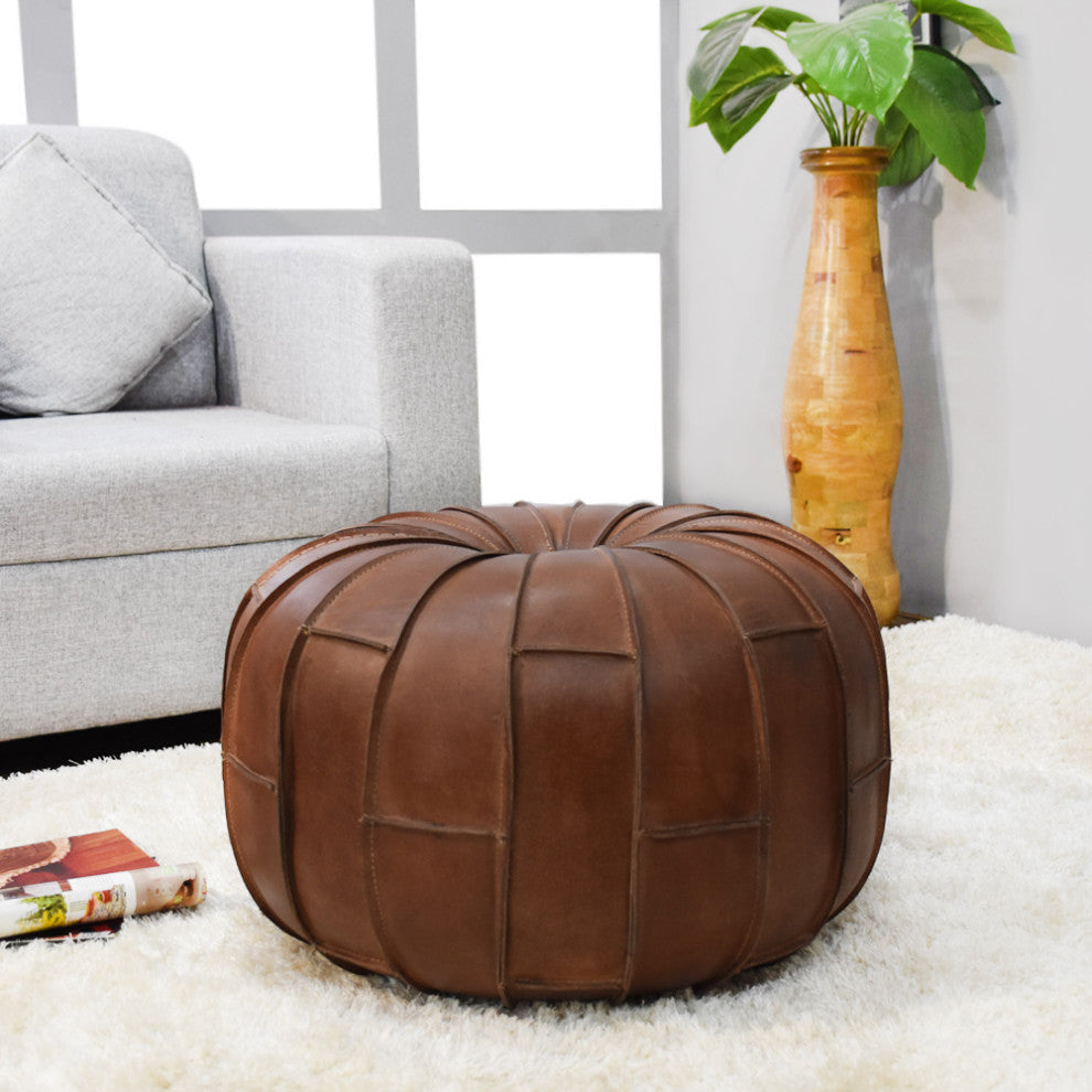 Solid Handmade Leather Pouf Brown, 21x21x12