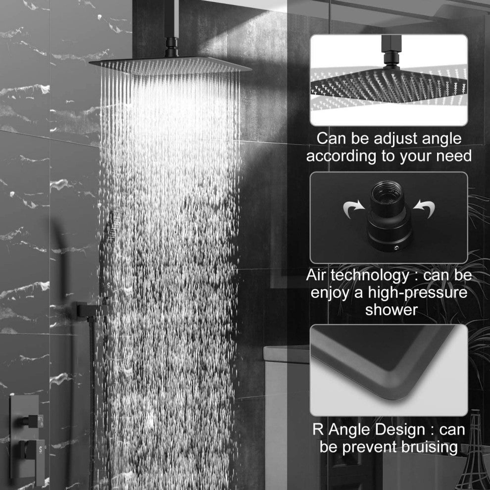 Ceiling Mounted Shower System Set With 12" Rain Shower Head, Matte Black