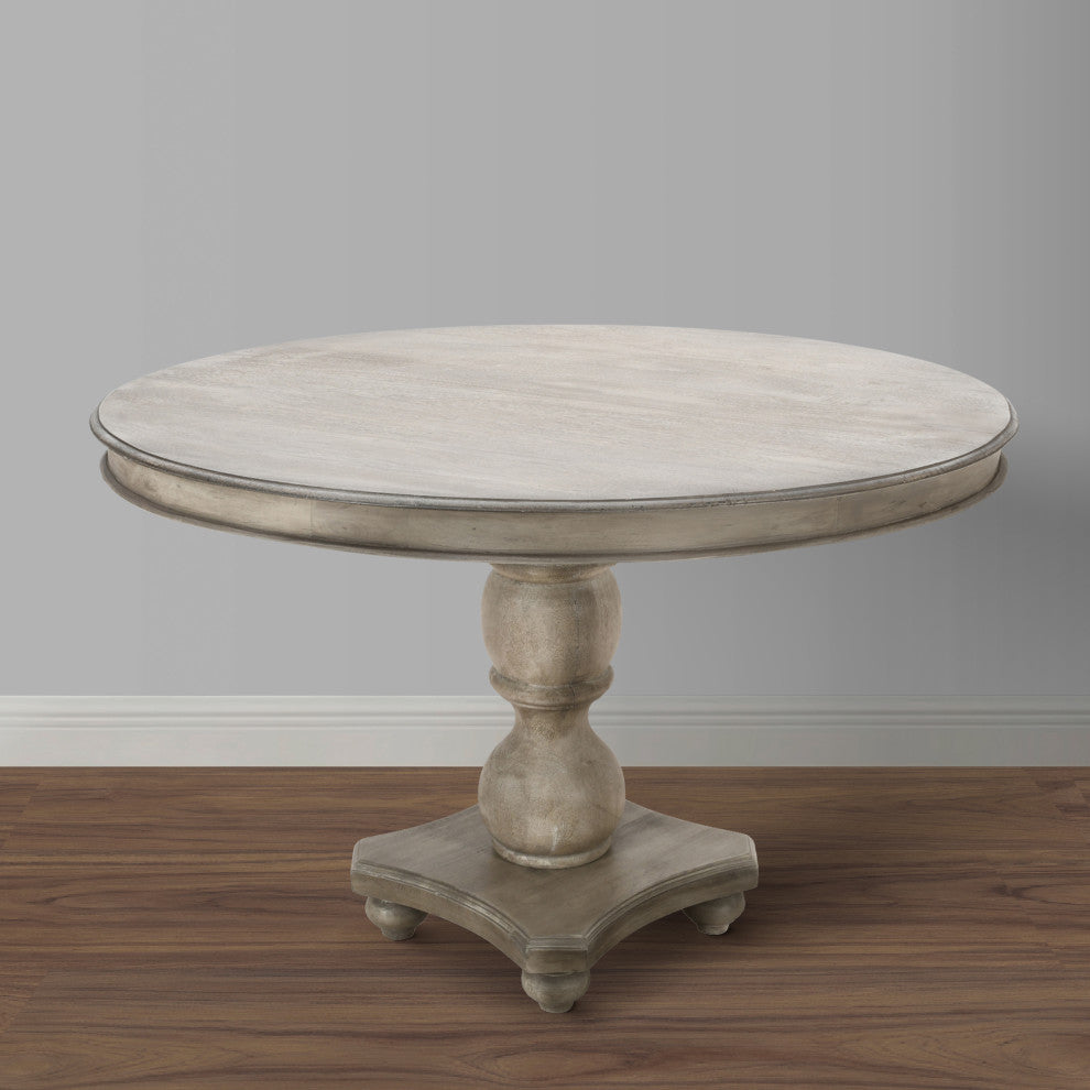 42" Mango Wood Dining Table Round Top Pedestal Base Washed White Gray